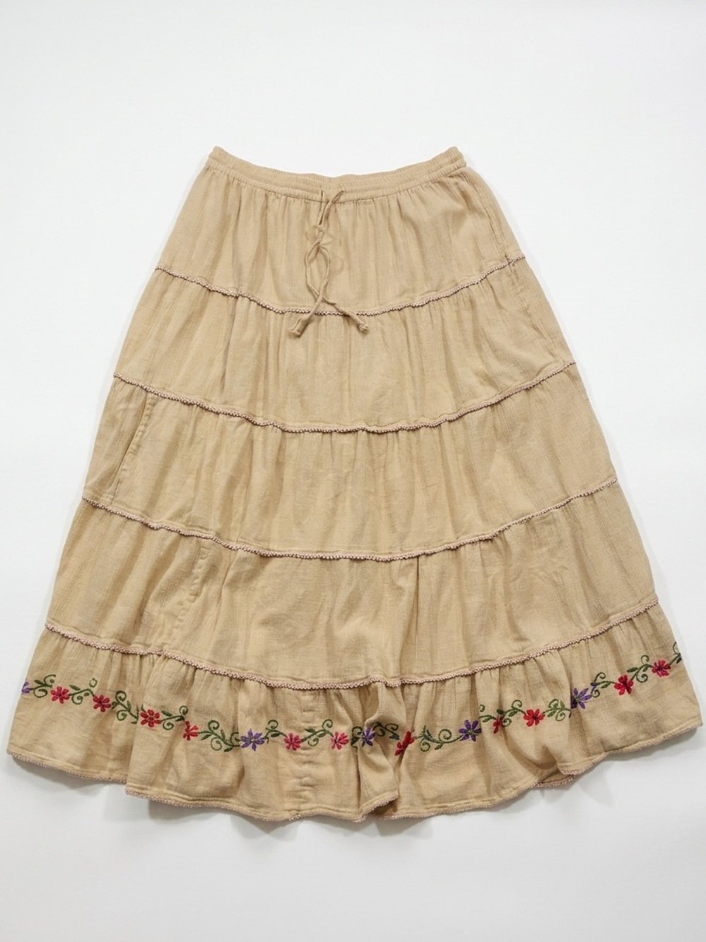 Boho 100% Cotton Tiered Maxi Skirt XL Embroidered Floral Cotton Cottagecore